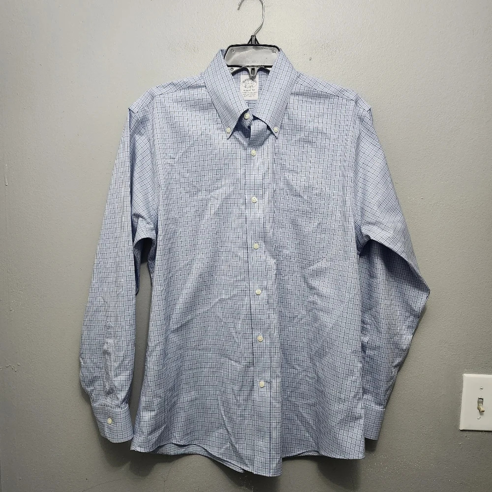 Brooks brothers men's button-down shirt size 15.5 regent fit plaid blue